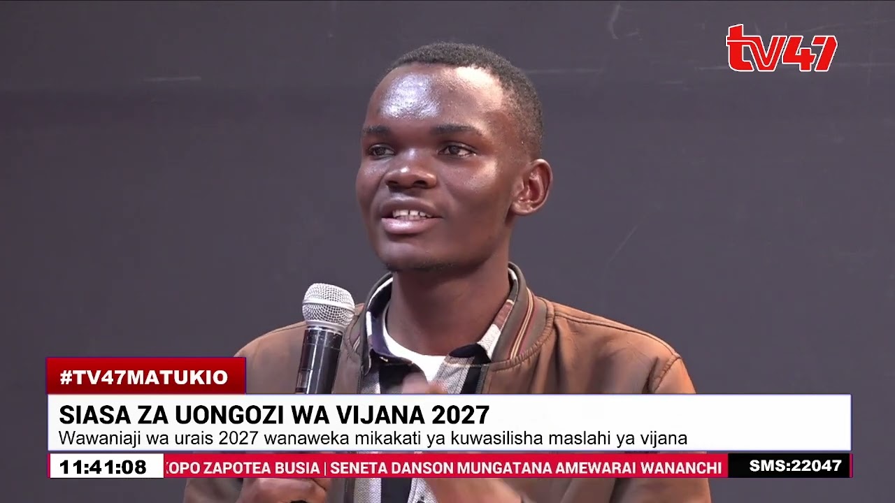 TV47 broadcast frame of SET Kenya's Victor Frankline speaking into a microphone during the discussion on youth leadership and politics